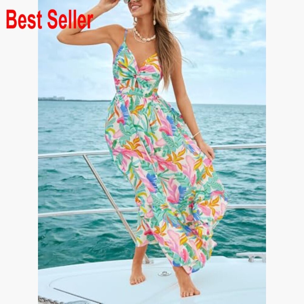 Maxi Dress with V-Neck, Sleeveless, Self Tie Back, 100% Rayon - Picture 4 of 6
